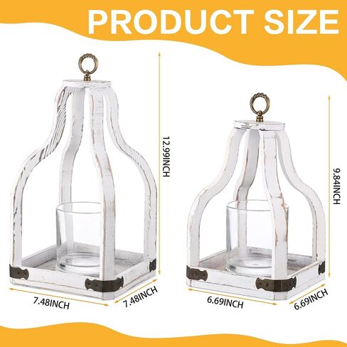 2 Pcs Farmhouse Wood Lantern Decor 2 Size Outdoor Rustic Candle Lantern Whitewash Candle Holders Table Decorative Lanterns for Home Decor Wedding, 7.48 x 7.48 x 12.99'', 6.69 x 6.69 x 9.84'' in Saudi Arabia