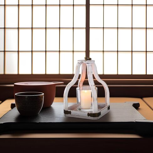 2 Pcs Farmhouse Wood Lantern Decor 2 Size Outdoor Rustic Candle Lantern Whitewash Candle Holders Table Decorative Lanterns for Home Decor Wedding, 7.48 x 7.48 x 12.99'', 6.69 x 6.69 x 9.84'' in Saudi Arabia