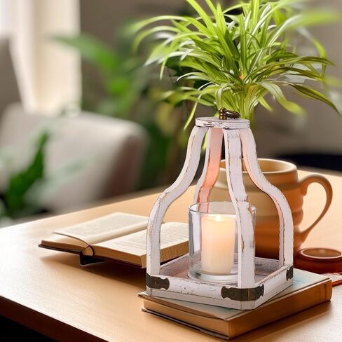 2 Pcs Farmhouse Wood Lantern Decor 2 Size Outdoor Rustic Candle Lantern Whitewash Candle Holders Table Decorative Lanterns for Home Decor Wedding, 7.48 x 7.48 x 12.99'', 6.69 x 6.69 x 9.84'' in Saudi Arabia