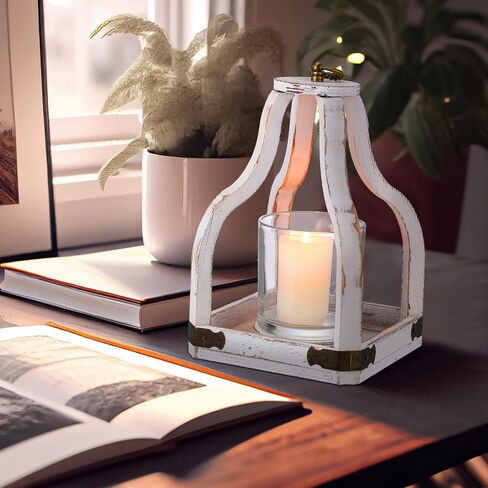 2 Pcs Farmhouse Wood Lantern Decor 2 Size Outdoor Rustic Candle Lantern Whitewash Candle Holders Table Decorative Lanterns for Home Decor Wedding, 7.48 x 7.48 x 12.99'', 6.69 x 6.69 x 9.84'' in Saudi Arabia