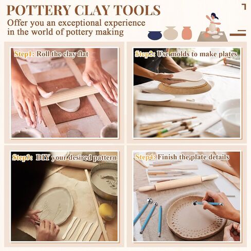 Sunnychicc 25 Pcs Pottery Molds Set Include 5 Ceramic Mold for Clay Round Ceramic Forming Mold 19 Pottery Clay Sculpting Tools 1 Wooden Rolling Pin Wooden Pottery Molds for Tool Ceramics Supplies in Saudi Arabia
