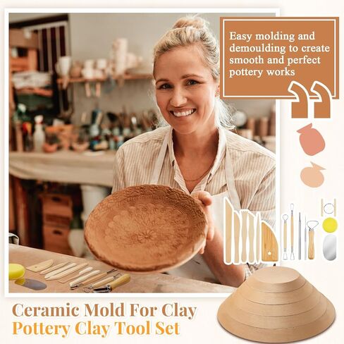 Sunnychicc 25 Pcs Pottery Molds Set Include 5 Ceramic Mold for Clay Round Ceramic Forming Mold 19 Pottery Clay Sculpting Tools 1 Wooden Rolling Pin Wooden Pottery Molds for Tool Ceramics Supplies in Saudi Arabia