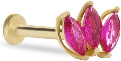 Lotus Labret Cartilage Stud Piercing Earring With Red Zircons - 14K Solid Yellow Gold - For Helix Tragus Lobe Conch Flat & Other Body Piercing BY KORAL JEWELRY in Saudi Arabia