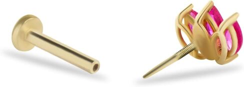 Lotus Labret Cartilage Stud Piercing Earring With Red Zircons - 14K Solid Yellow Gold - For Helix Tragus Lobe Conch Flat & Other Body Piercing BY KORAL JEWELRY in Saudi Arabia