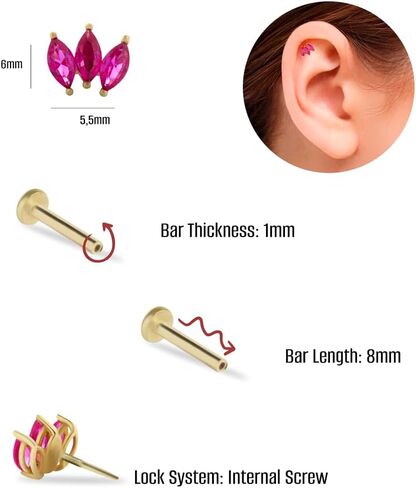 Lotus Labret Cartilage Stud Piercing Earring With Red Zircons - 14K Solid Yellow Gold - For Helix Tragus Lobe Conch Flat & Other Body Piercing BY KORAL JEWELRY in Saudi Arabia