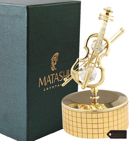 صندوق موسيقى الكمان المطلي بالذهب عيار 24 قيراط من ماتاشي - ذاكرة مع كريستالات على سطح الطاولة لديكور المنزل والمكتب - هدية لعيد الحب بمناسبة الانتقال لمنزل جديد in Kuwait