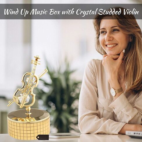 صندوق موسيقى الكمان المطلي بالذهب عيار 24 قيراط من ماتاشي - ذاكرة مع كريستالات على سطح الطاولة لديكور المنزل والمكتب - هدية لعيد الحب بمناسبة الانتقال لمنزل جديد in Kuwait