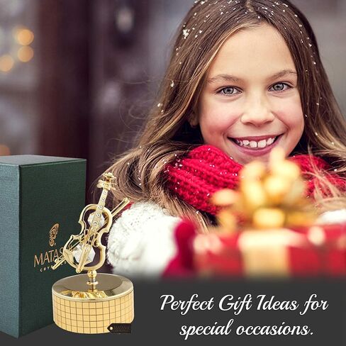 صندوق موسيقى الكمان المطلي بالذهب عيار 24 قيراط من ماتاشي - ذاكرة مع كريستالات على سطح الطاولة لديكور المنزل والمكتب - هدية لعيد الحب بمناسبة الانتقال لمنزل جديد in Kuwait