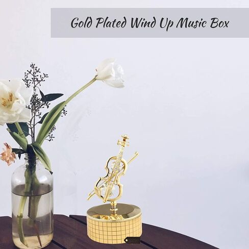 صندوق موسيقى الكمان المطلي بالذهب عيار 24 قيراط من ماتاشي - ذاكرة مع كريستالات على سطح الطاولة لديكور المنزل والمكتب - هدية لعيد الحب بمناسبة الانتقال لمنزل جديد in Kuwait