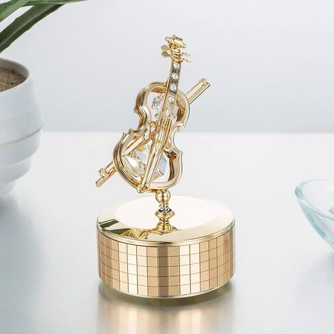 صندوق موسيقى الكمان المطلي بالذهب عيار 24 قيراط من ماتاشي - ذاكرة مع كريستالات على سطح الطاولة لديكور المنزل والمكتب - هدية لعيد الحب بمناسبة الانتقال لمنزل جديد in Kuwait