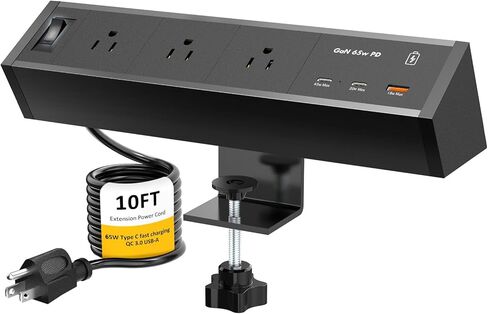 شريط طاقة بمشبك مكتب USB C، محطة شحن سريعة GaN 65W PD، شريط طاقة عالي التحمل قابل للتركيب مع 3 منافذ تيار متردد، منفذ USB C مزدوج (45 وات، 20 وات)، QC 3.0 USB A، سلك تمديد بطول 10 أقدام in Kuwait