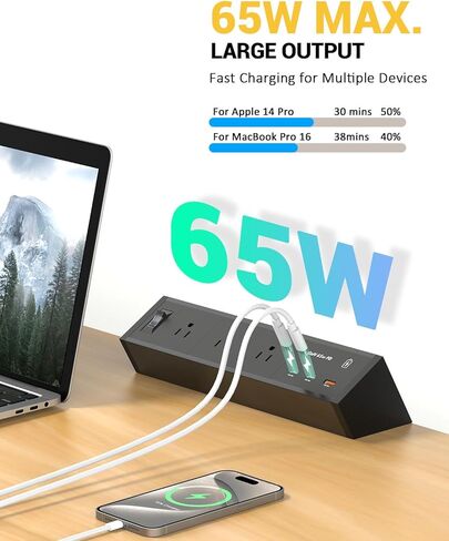 شريط طاقة بمشبك مكتب USB C، محطة شحن سريعة GaN 65W PD، شريط طاقة عالي التحمل قابل للتركيب مع 3 منافذ تيار متردد، منفذ USB C مزدوج (45 وات، 20 وات)، QC 3.0 USB A، سلك تمديد بطول 10 أقدام in Kuwait