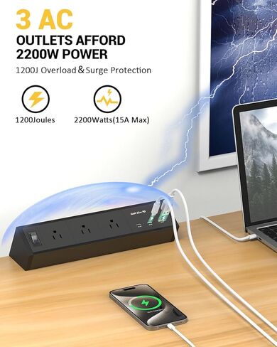 شريط طاقة بمشبك مكتب USB C، محطة شحن سريعة GaN 65W PD، شريط طاقة عالي التحمل قابل للتركيب مع 3 منافذ تيار متردد، منفذ USB C مزدوج (45 وات، 20 وات)، QC 3.0 USB A، سلك تمديد بطول 10 أقدام in Kuwait