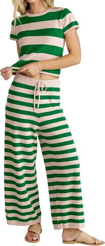 MISSACTIVER Women's Striped Two Piece Sweater Outfits Short Sleeve Pullover Tops and High Waisted Wide Leg Pants Lounge Sets in Saudi Arabia