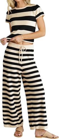 MISSACTIVER Women's Striped Two Piece Sweater Outfits Short Sleeve Pullover Tops and High Waisted Wide Leg Pants Lounge Sets in Saudi Arabia