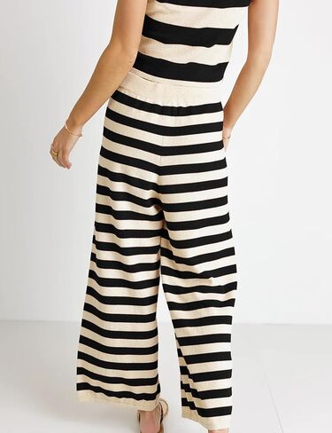MISSACTIVER Women's Striped Two Piece Sweater Outfits Short Sleeve Pullover Tops and High Waisted Wide Leg Pants Lounge Sets in Saudi Arabia