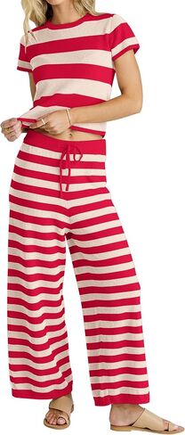 MISSACTIVER Women's Striped Two Piece Sweater Outfits Short Sleeve Pullover Tops and High Waisted Wide Leg Pants Lounge Sets in Saudi Arabia