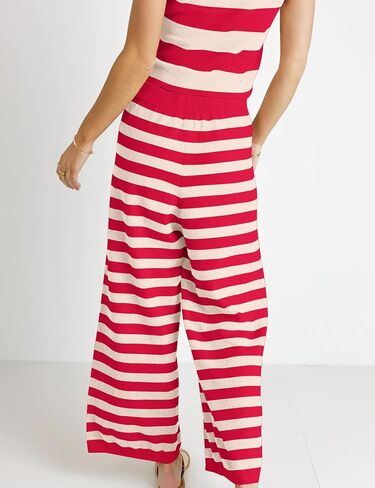 MISSACTIVER Women's Striped Two Piece Sweater Outfits Short Sleeve Pullover Tops and High Waisted Wide Leg Pants Lounge Sets in Saudi Arabia