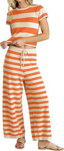 MISSACTIVER Women's Striped Two Piece Sweater Outfits Short Sleeve Pullover Tops and High Waisted Wide Leg Pants Lounge Sets in Saudi Arabia