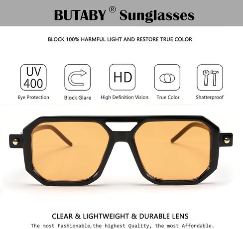 BUTABY Retro Square 70s Flat Aviator Sunglasses Women Men Vintage Trendy Plastic Frame Sun Glasses UV400 Protection in Saudi Arabia