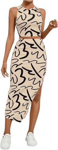 Floerns Women's Graphic Crop Tank Tops with Slit Hem Midi Skirts 2 Piece Sets in Saudi Arabia