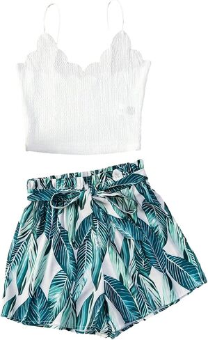 Verdusa Women's 2 Pieces Scallop Trim Cami Top with Tropical Print Paperbag Waist Belted Shorts in Saudi Arabia