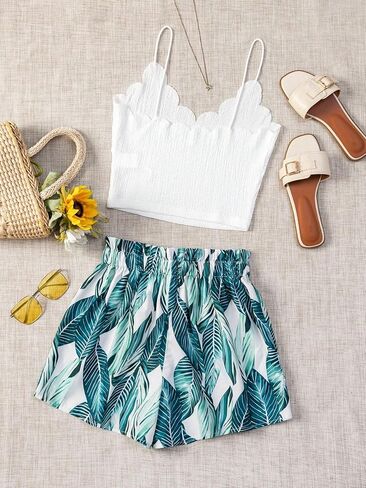 Verdusa Women's 2 Pieces Scallop Trim Cami Top with Tropical Print Paperbag Waist Belted Shorts in Saudi Arabia