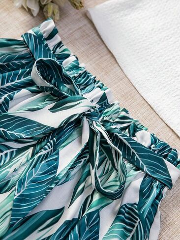 Verdusa Women's 2 Pieces Scallop Trim Cami Top with Tropical Print Paperbag Waist Belted Shorts in Saudi Arabia