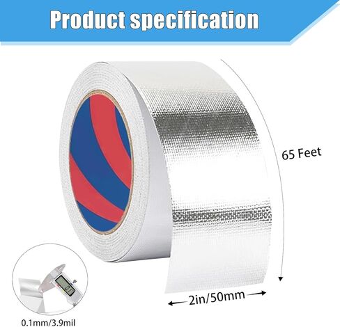 Aluminum Foil Duct Tape, 2 Inches x 65 Feet,3.9mil, Heavy-Duty HVAC Aluminum Metal Duct Tape for Metal Pipes, Air Vents, Furnace, and AC Units - Silver in Kuwait