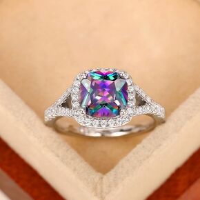 Hsitgexf Cushion Cut 925 Sterling Silver Halo Wedding Engagement Rings Cubic Zirconia CZ Statement Colorful Rainbow Cocktail Ring for Women(6)