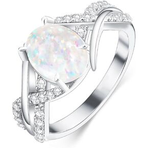 White Opal Rings for Women 925 Sterling Silver Engagement Ring for Wedding Promise Oval October Birthstones Jewelry Gift for Wife Size 5 to 13