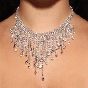 YERTTER Sparkle Silver Full Tennis Rhinestone Fringe Chain Adjustable Collar Luxury Tassel Crystal Statement Clavicle Choker Necklace for Wedding Women Girls （Silver 3）