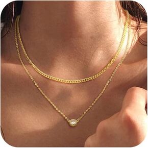 Gold Layered Necklace for Women, Dainty 14K Gold Plated CZ Diamond Pendant Necklace, Paperclip Satellite Cuban Lip Chain Choker Necklaces Jewelry Gift for Women Trendy
