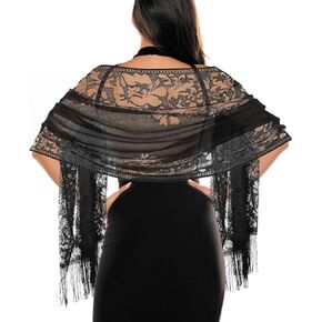 Women's Floral Lace Scarf Shawl with Tassels, Formal Wraps Soft Mesh Fringe Wraps for Wedding Evening Party Dress