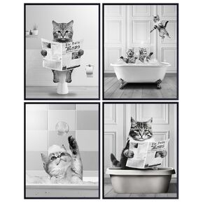 Cute Cat small Bathroom Decor - Cat Decor Gallery Wall Art Collage - funny Cat Kids Bathroom Pictures - Bathroom Wall Art Set - Cat Lovers Gifts - Bathroom Accessories - Cat Themed Cat Stuff for Women