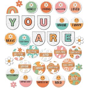 Boho Groovy Affirmation Station Bulletin Board Set Retro Motivational Inspirational Paper Cutouts with Glue Points Positive Bulletin Board Decor for Students School Classroom Home