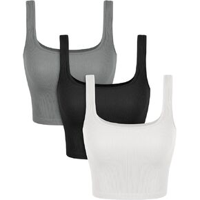 ODODOS 3-Pack Seamless Square Neck Crop Tank for Women Ribbed Knit Soft Low Back Cropped Tops
