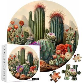 PICKFORU Vintage Cactus Plant Puzzles for Adults 1000 Pieces and up, Retro Succulents Puzzle Including Various Cactus Flower, Round Puzzle for Plant Lovers