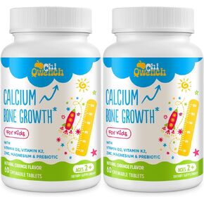 500 MG Calcium Supplement with Vitamin D3 & K2, Zinc, Magnesium & Prebiotics. Kids Vitamins for Kids' Height. Bone Strength, High Absorption, Orange Chewables, Non-GMO, Gluten Free, 60 Tabs