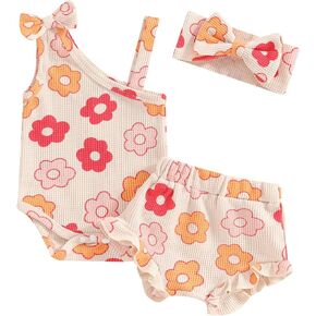 Karwuiio Toddler Baby Girls 2PCS Summer Outfit Sleeveless Flower Print Tank Tops with Ruffle Shorts Infant Clothes