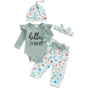 Ayalinggo Hi Im New Here Newborn Outfit Girl Ruffle Romper Shirt Floral Pants Beanie Hat Headband 4Pcs Spring Clothes Set