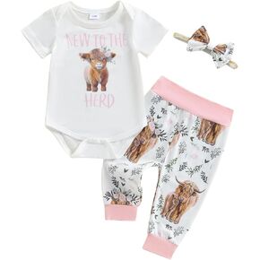 Western Baby Girl Summer Outfit New to The Herd Short Sleeve Romper Highland Cow Pants 3Pcs Coming Home Outfit