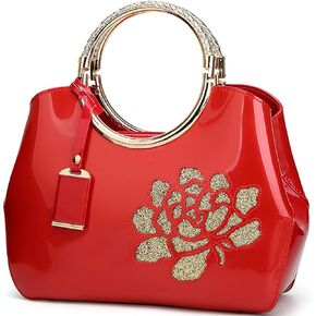 XingChen Women Handbag Patent Leather Flower Pattern Satchel Charm Glossy Purse Metal Grip Structured Shoulder Bag