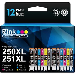 E-Z Ink Compatible Ink Cartridges Replacement for Canon 250 251 PGI-250XL CLI-251XL to use with Pixma MG6320 MG7120 MG7520 IP8720 (12 Pack, 2 PGBK, 2 Cyan, 2 Magenta, 2 Yellow, 2 Black, 2 Gray)