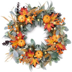 Valery Madelyn Fall Wreaths for Front Door, 24" Farmhouse Fall Eucalyptus Wreath with Light for Autumn Harvest Decor for Home, Orange Pumpkin Wreath for Indoor Table Centerpiece Thanksgiving Decor