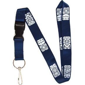 Tiki Mask Tribal Hawaiian Lanyard Keychain and ID Holder with Detachable, Breakaway Buckle for Keys or Badge – Durable Navy Blue Nylon – Novelty Necklace