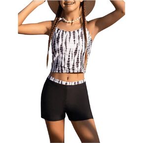 Milumia Girl's 2 Piece Tie Dye Tankini Crisscross Scoop Neck High Waist Bathing Suits