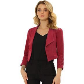Allegra K Cropped Blazers for Women's Lapel Collar Ruched Sleeve Work Office Blazer