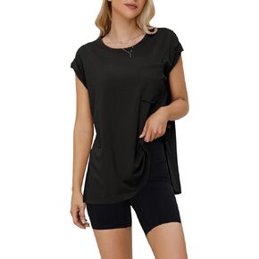 EXLURA Womens Summer Short Cap Sleeve Workout T Shirts Casual Loose Fit Gym Tunic Plus Size Side Split Trendy 2024 Tank Tops