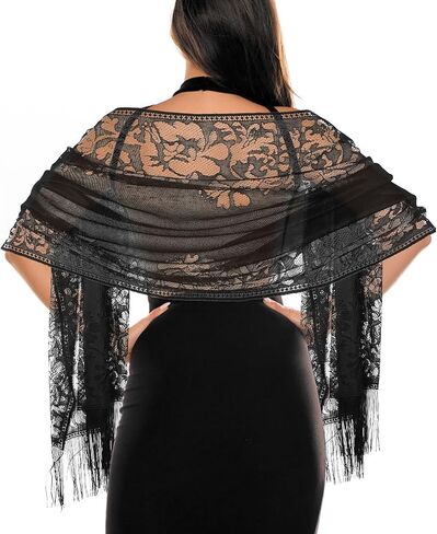 Women's Floral Lace Scarf Shawl with Tassels, Formal Wraps Soft Mesh Fringe Wraps for Wedding Evening Party Dress in Saudi Arabia